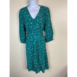 Boden Polka Dot Midi Dress Size 12 V-Neck Teal 3/4 Sleeve Geometric Boho Cottage